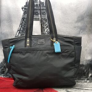 Coach Black Nylon Leather Hampton Tote